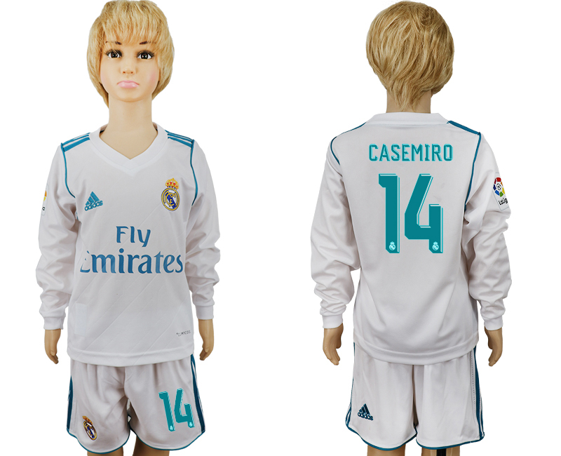 2017-18 Real Madrid 14 CASEMIRO Home Youth Long Sleeve Soccer Jersey