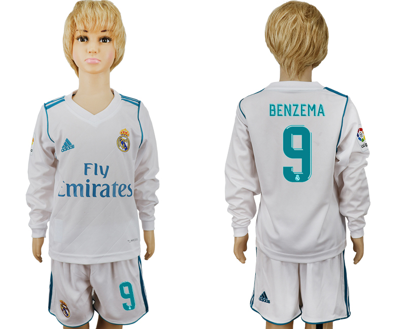 2017-18 Real Madrid 9 BENZEMA Home Youth Long Sleeve Soccer Jersey