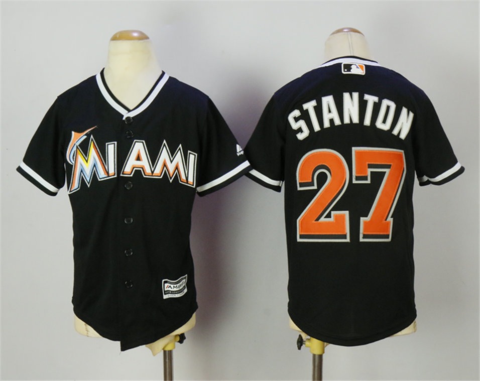 Marlins 27 Giancarlo Stanton Black Youth Cool Base Jersey - Click Image to Close