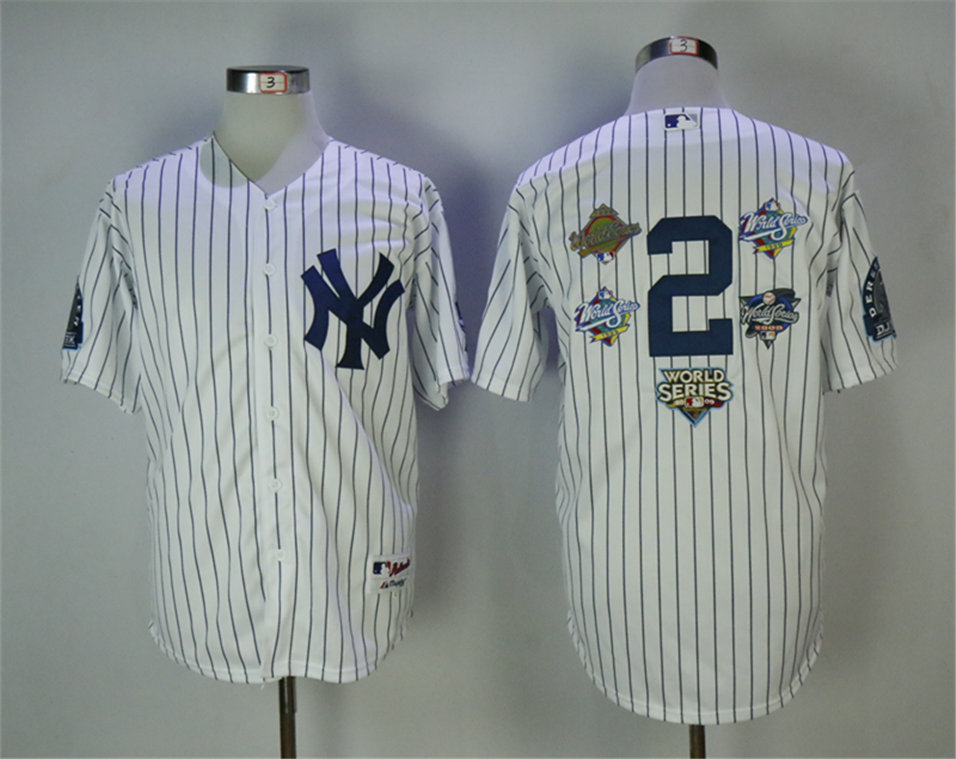 Yankees 2 Derek Jeter White 5x MLB World Series Champions Cool Base Jersey - Click Image to Close