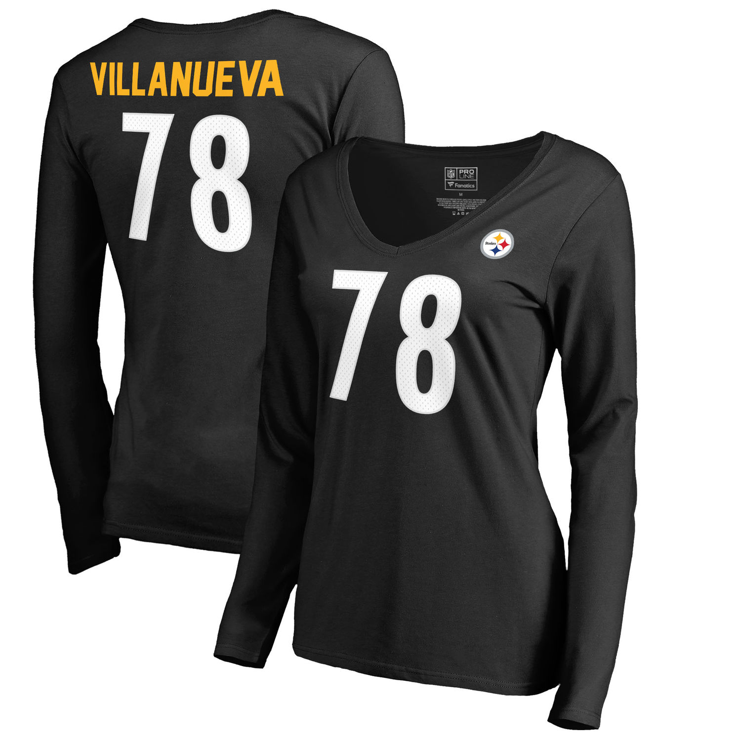Women's Pittsburgh Steelers 78 Alejandro Villanueva NFL Pro Line by Fanatics Branded Black Authentic Stack Name Number V Neck Long Sleeve T Shirt