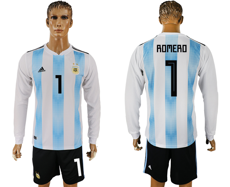 Argentina 1 ROMERO Home Long Sleeve 2018 FIFA World Cup Soccer Jersey