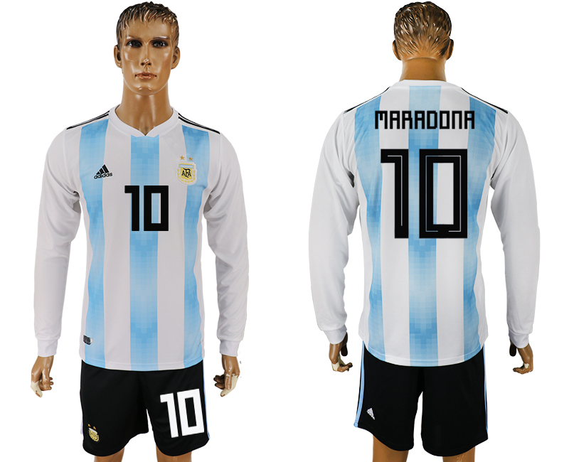 Argentina 10 MARADONNA Home Long Sleeve 2018 FIFA World Cup Soccer Jersey