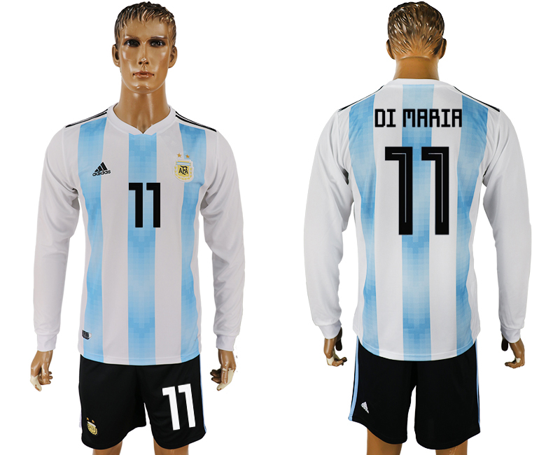 Argentina 11 DI MARIA Home Long Sleeve 2018 FIFA World Cup Soccer Jersey