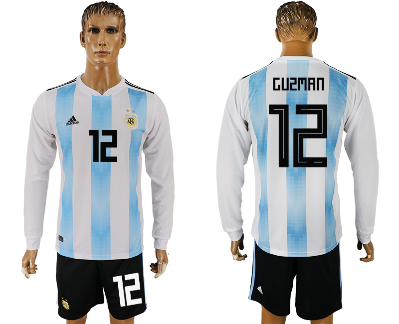 Argentina 12 GUZMAN Home Long Sleeve 2018 FIFA World Cup Soccer Jersey