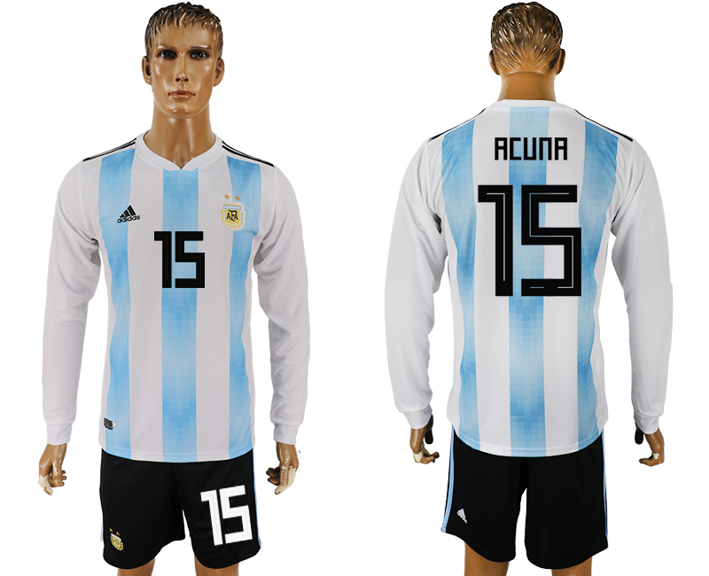 Argentina 15 ACUNA Home Long Sleeve 2018 FIFA World Cup Soccer Jersey