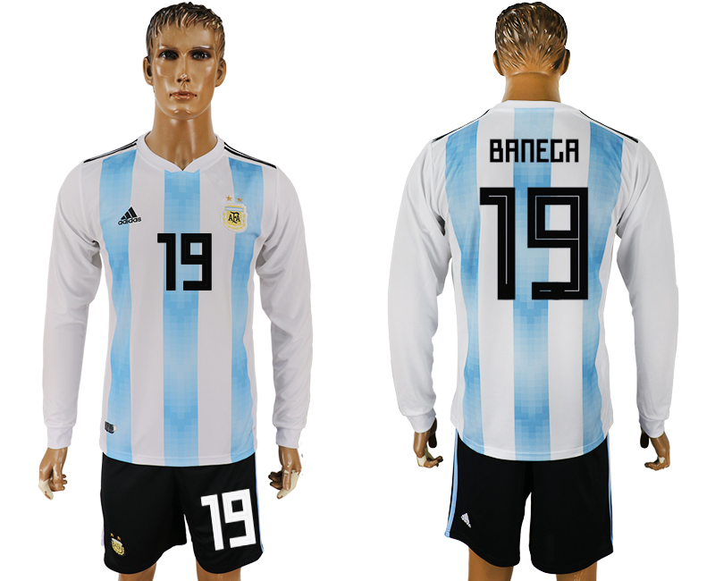 Argentina 19 BANEGA Home Long Sleeve 2018 FIFA World Cup Soccer Jersey