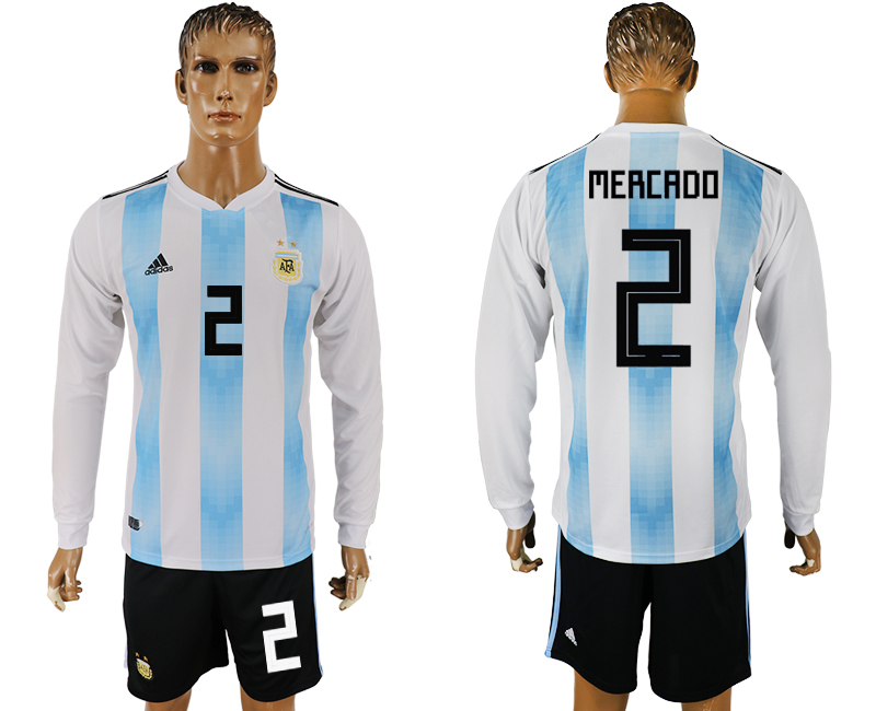 Argentina 2 MERCADO Home Long Sleeve 2018 FIFA World Cup Soccer Jersey