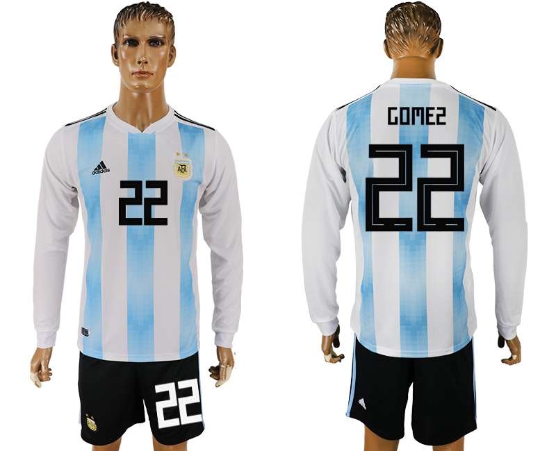 Argentina 22 GOMEZ Home Long Sleeve 2018 FIFA World Cup Soccer Jersey