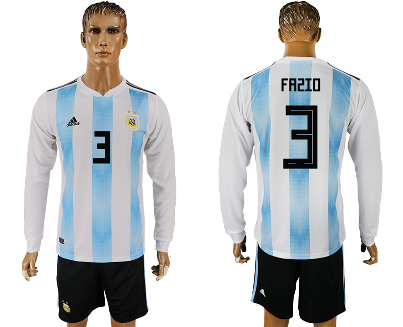 Argentina 3 FAZIO Home Long Sleeve 2018 FIFA World Cup Soccer Jersey