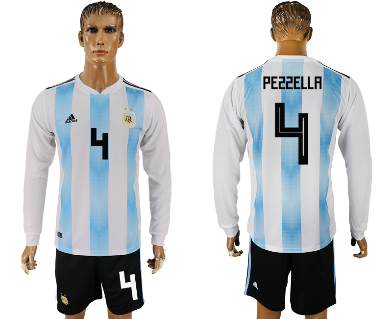 Argentina 4 PEZZELLA Home Long Sleeve 2018 FIFA World Cup Soccer Jersey