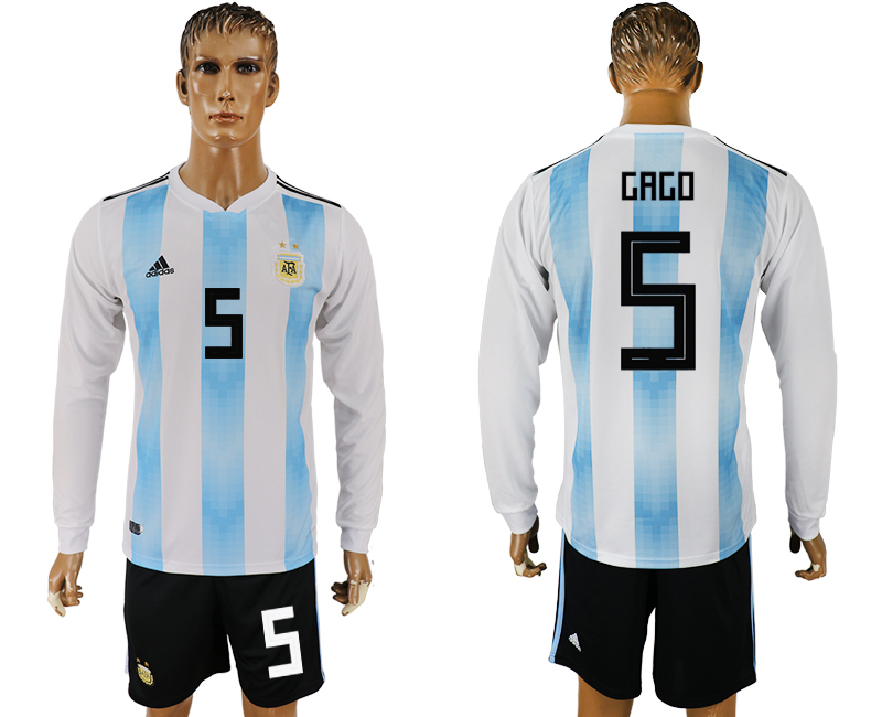 Argentina 5 GAGO Home Long Sleeve 2018 FIFA World Cup Soccer Jersey