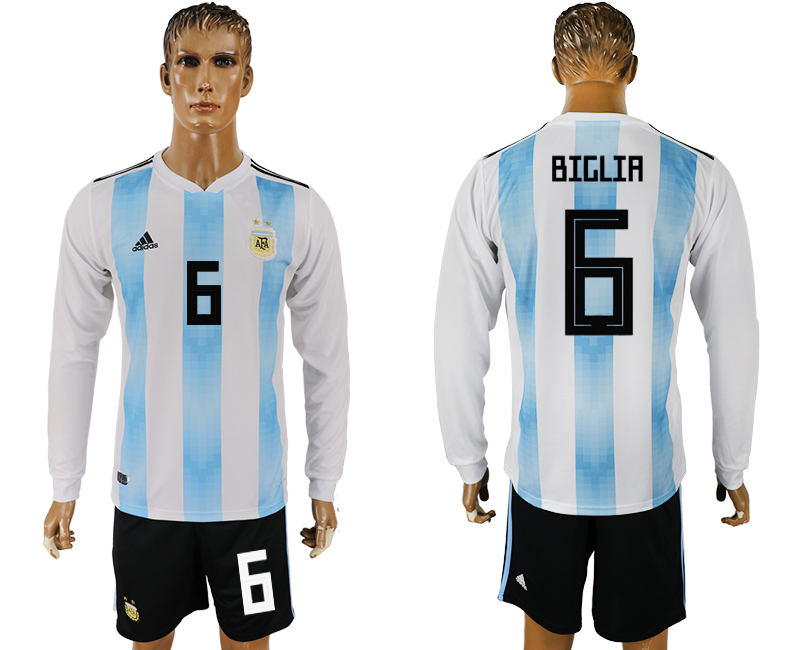Argentina 6 BIGLIA Home Long Sleeve 2018 FIFA World Cup Soccer Jersey