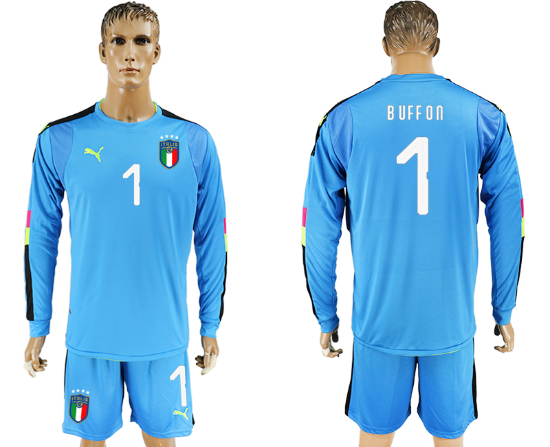 2017-18 Italy 1 BUFFON Lake Blue Long Sleeve Goalkeeper Soccer Jersey