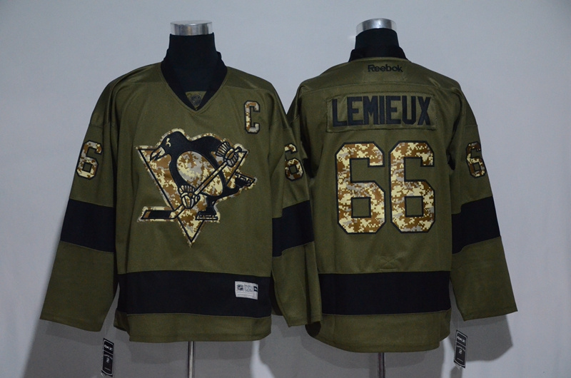 Penguins 66 Mario Lemieux Olive Green Salute to Service Reebok Jersey