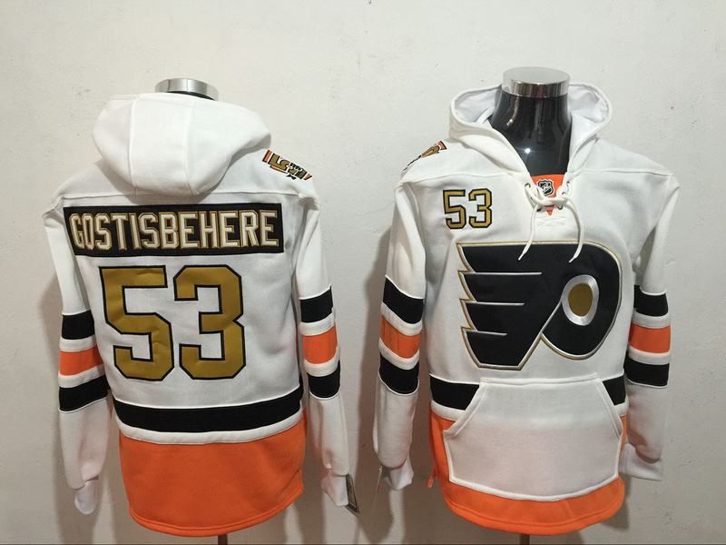 Flyers 53 Shayne Gostisbehere White All Stitched Hooded Sweatshirt - Click Image to Close