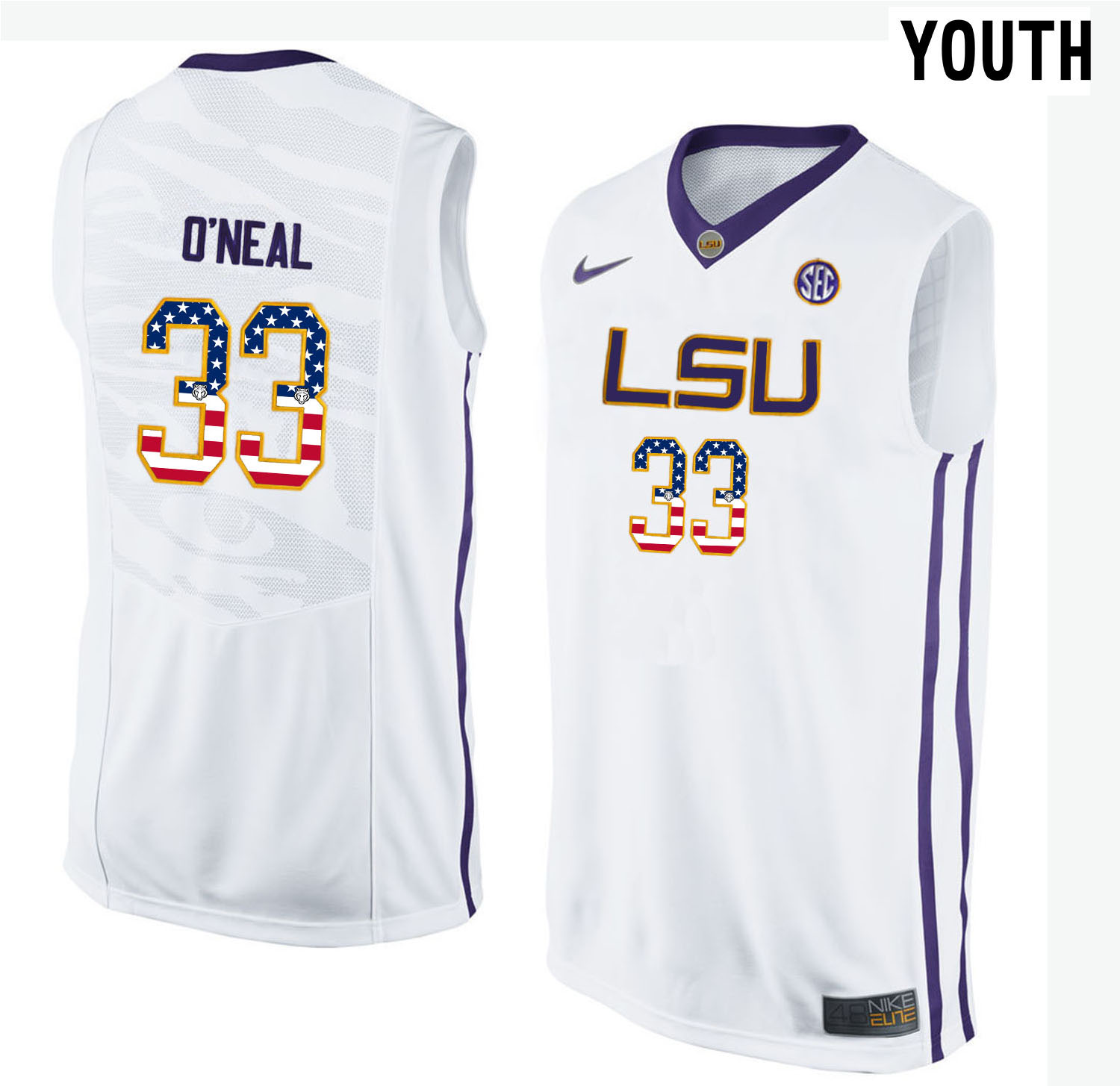 LSU Tigers 33 Shaquille O'Neal White Youth College Basketball Jersey