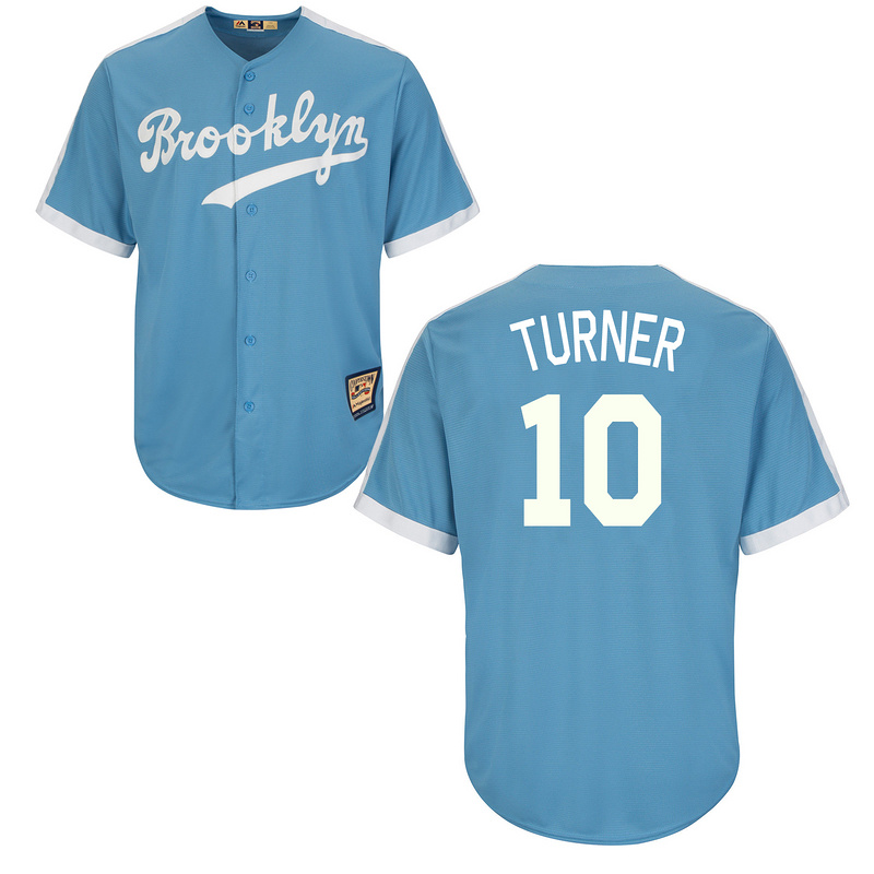 Dodgers 10 Justin Turner Light Blue Cooperstown Throwback Jersey
