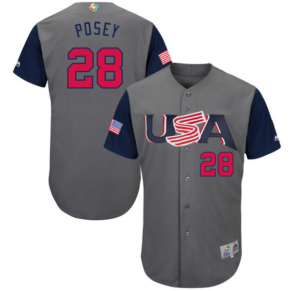 Men's USA Baseball 28 Buster Posey Gray 2017 World Baseball Classic Jersey