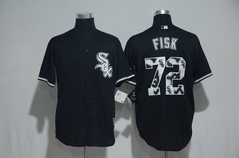 White Sox 72 Carlton Fisk Black Team Logo Print Cool Base Jersey