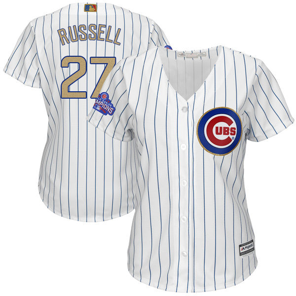 Cubs 27 Addison Russell White Women 2017 Gold Program Cool Base Jersey