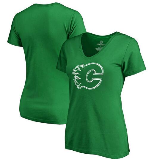 Calgary Flames Fanatics Branded Women's St. Patrick's Day White Logo T-Shirt Kelly Green