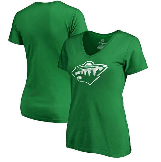 Minnesota Wild Fanatics Branded Women's St. Patrick's Day White Logo T-Shirt Kelly Green - Click Image to Close