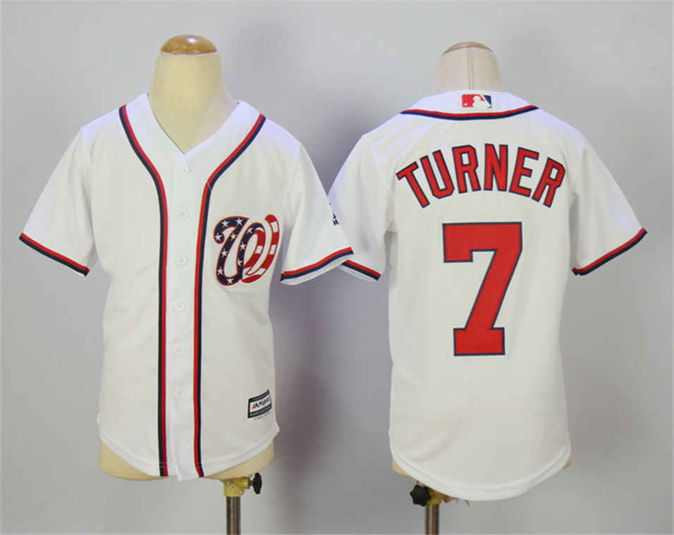 Nationals 7 Trea Turner White Youth New Cool Base Jersey - Click Image to Close