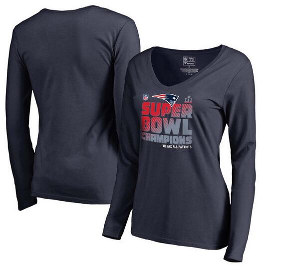 New England Patriots Pro Line by Fanatics Branded Women's Super Bowl LI Champions Trophy Collection Locker Room Alternate V Neck Long Sleeve T-Shirt Navy