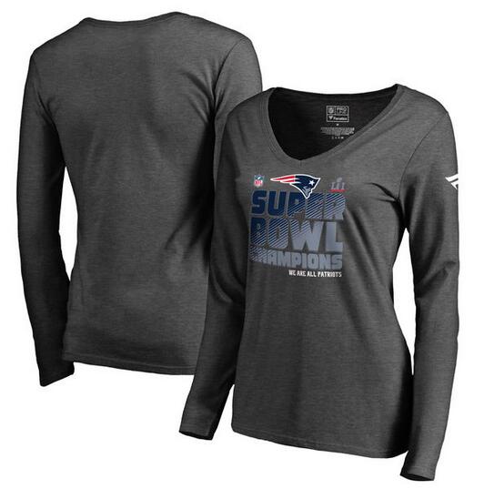 New England Patriots Pro Line by Fanatics Branded Women's Super Bowl LI Champions Trophy Collection Locker Room V Neck Long Sleeve T-Shirt Charcoal