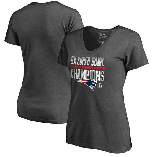 New England Patriots Pro Line by Fanatics Branded Women's 5 Time Super Bowl Champions V Neck T-Shirt Heathered Gray