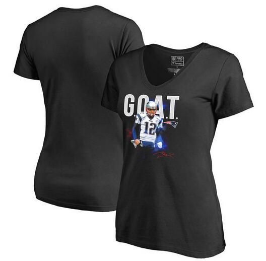 New England Patriots Tom Brady Pro Line by Fanatics Branded Women's GOAT Slim Fit V Neck T-Shirt Black