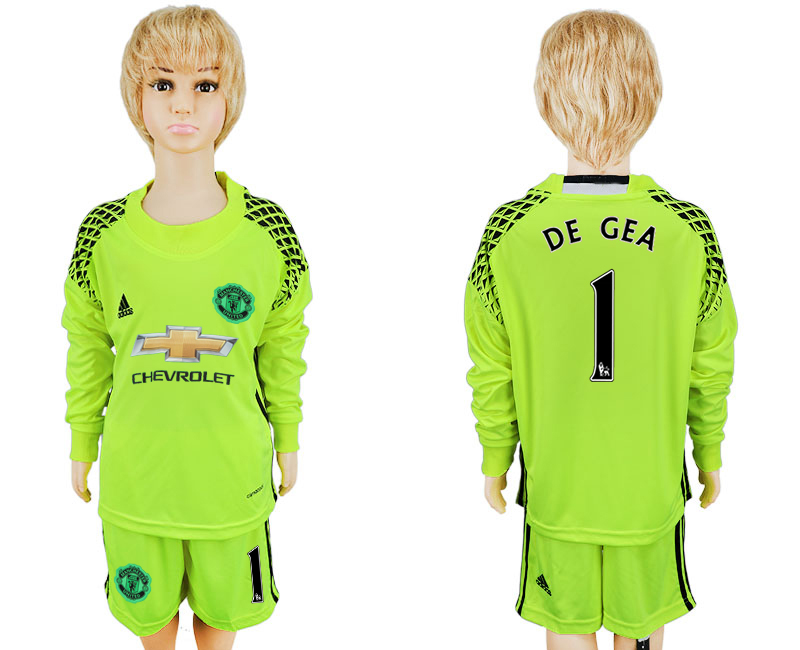 2016-17 Manchester United 1 DE GEA Fluorescent Green Youth Goalkeeper Long Sleeve Soccer Jersey