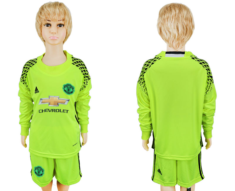2016-17 Manchester United Fluorescent Green Youth Goalkeeper Long Sleeve Soccer Jersey