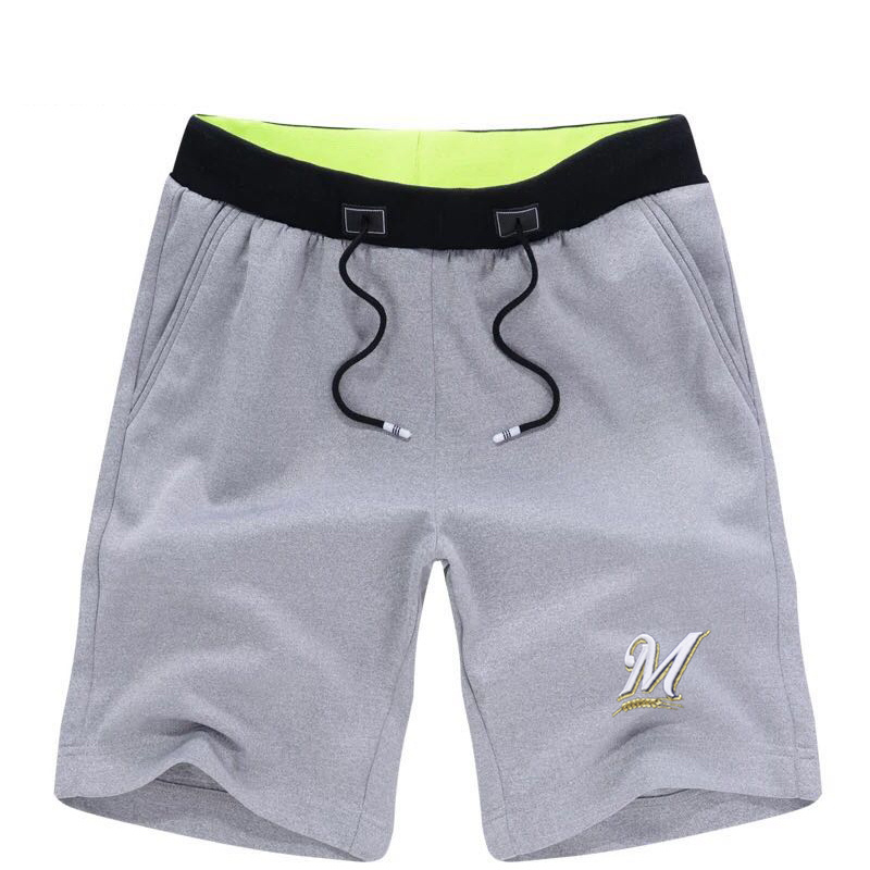 Men's Milwaukee Brewers Team Logo Grey Baseball Shorts - Click Image to Close