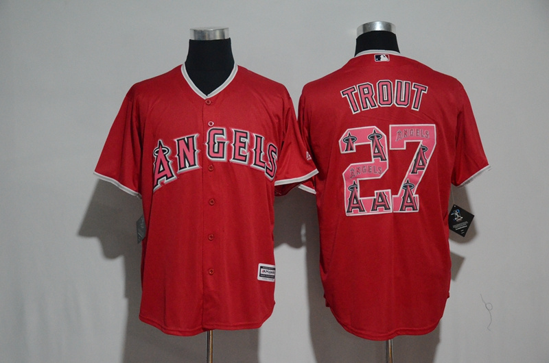 Angels 27 Mike Trout Red Team Logo Print Cool Base Jersey