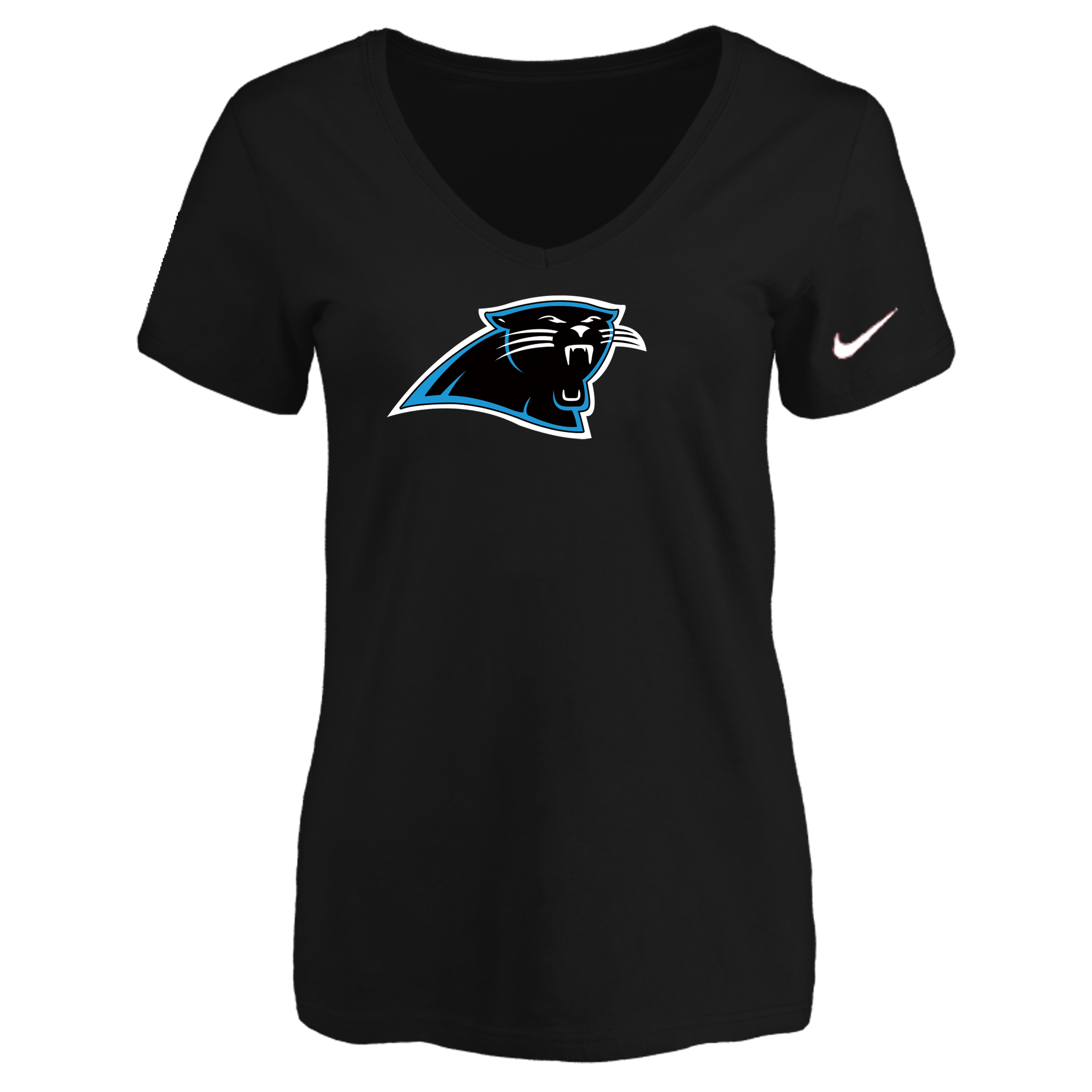 Carolina Panthers Black Women's Logo V neck T-Shirt - Click Image to Close