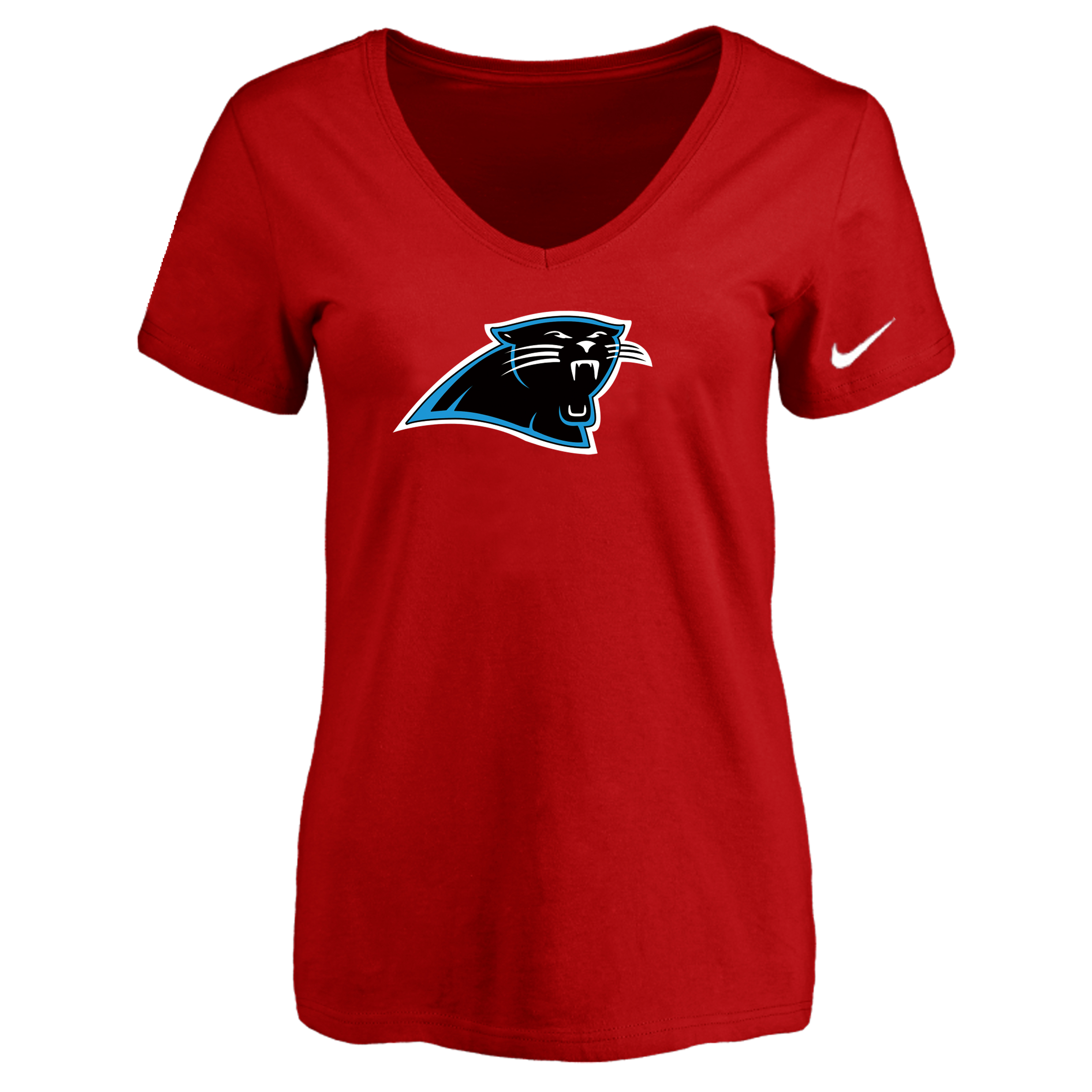 Carolina Panthers Red Women's Logo V neck T-Shirt - Click Image to Close