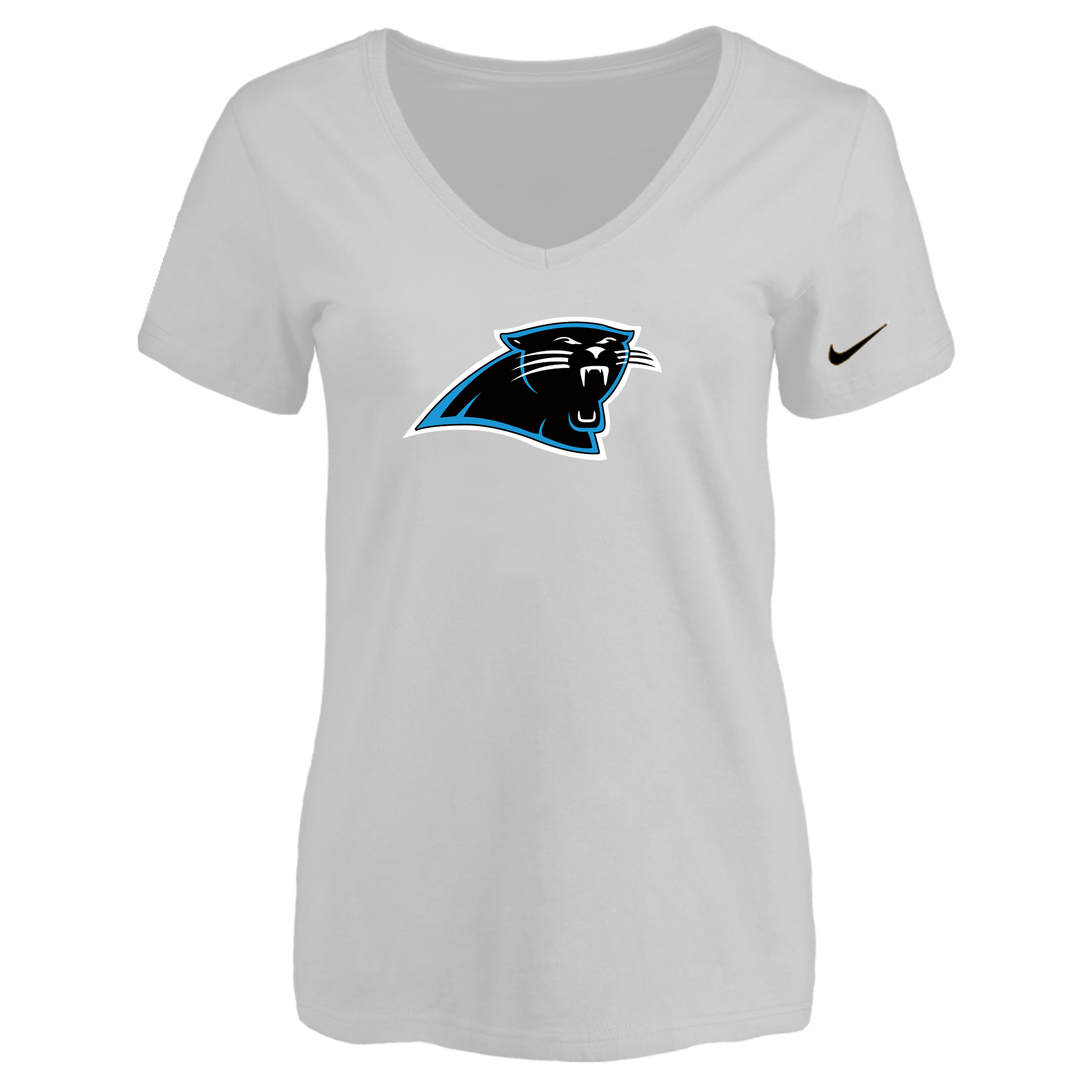 Carolina Panthers White Women's Logo V neck T-Shirt - Click Image to Close
