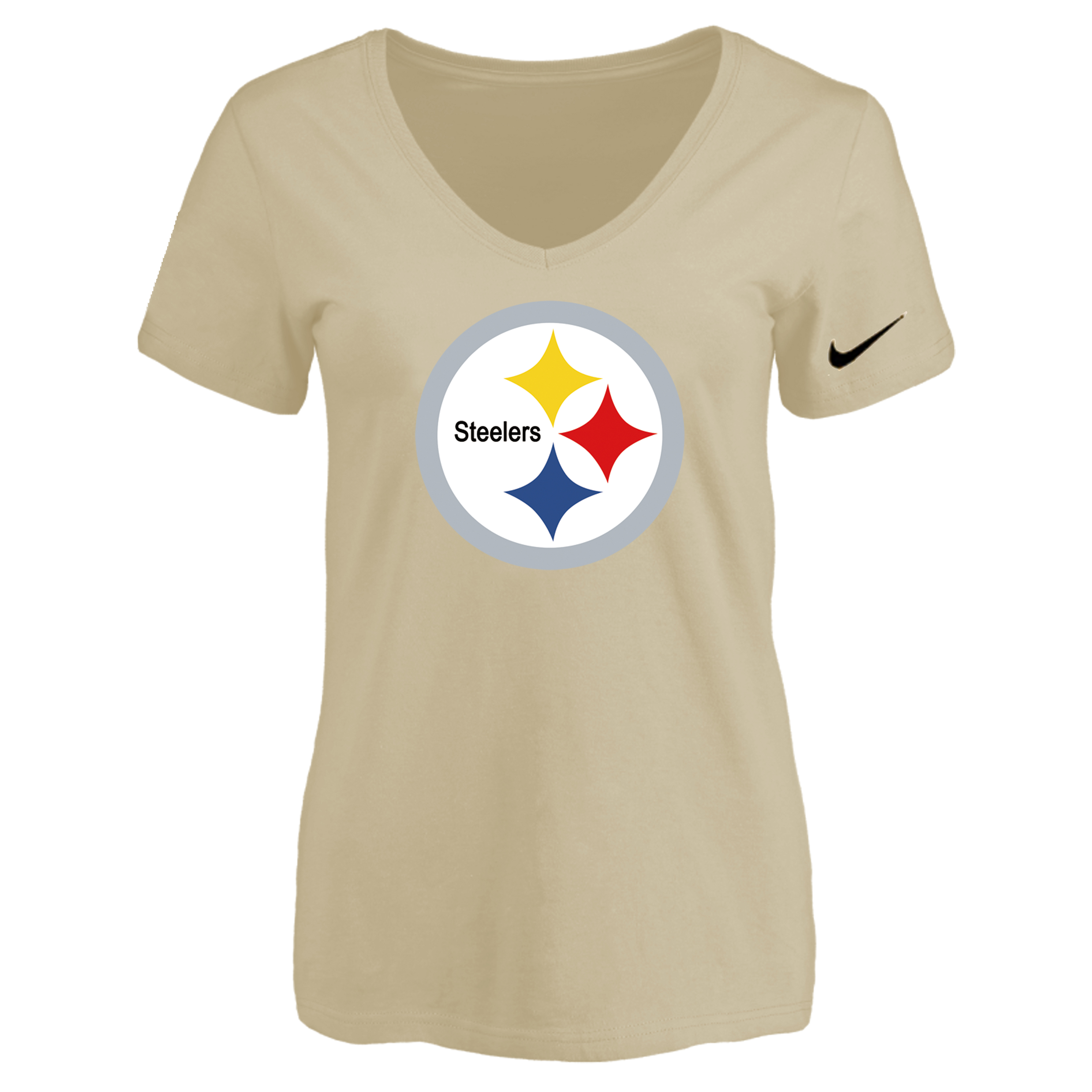Pittsburgh Steelers Beige Women's Logo V neck T-Shirt - Click Image to Close