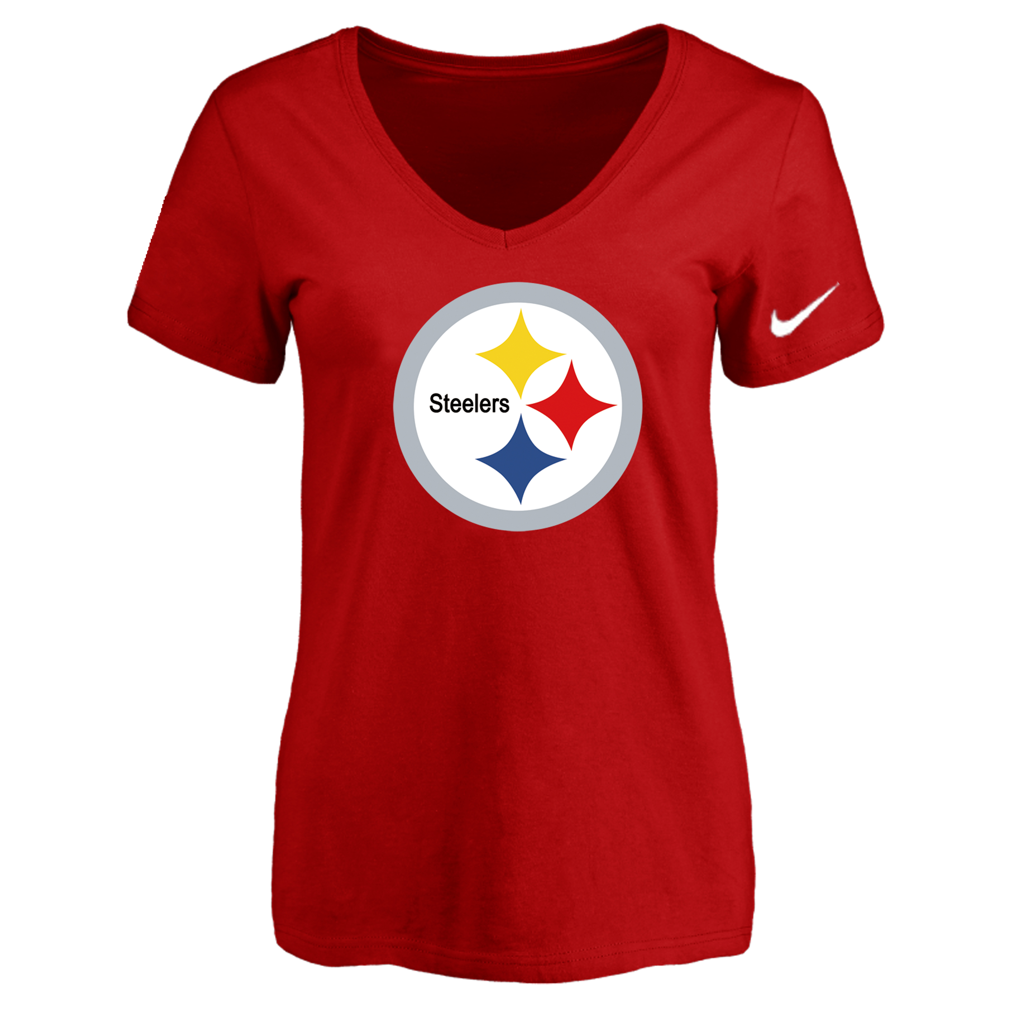 Pittsburgh Steelers Red Women's Logo V neck T-Shirt - Click Image to Close