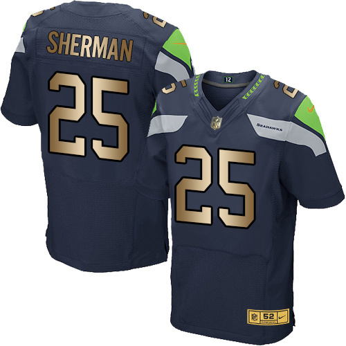 Nike Seahawks 25 Richard Sherman Navy Gold Elite Jersey - Click Image to Close