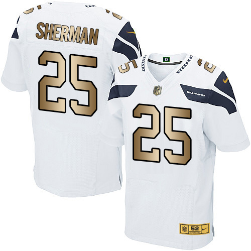Nike Seahawks 25 Richard Sherman White Gold Elite Jersey