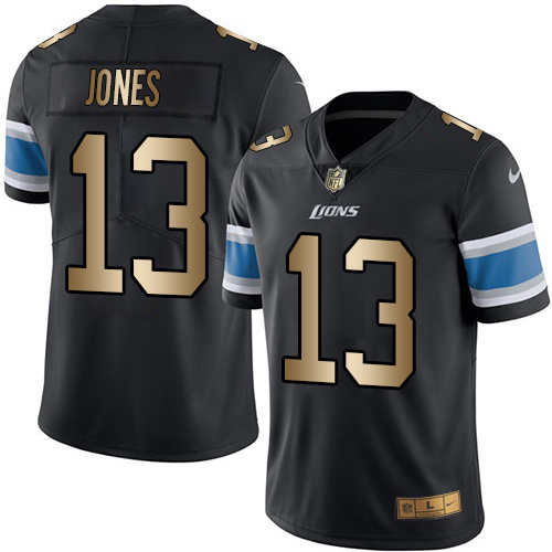 Nike Lions 13 TJ Jones Black Gold Color Rush Limited Jersey - Click Image to Close