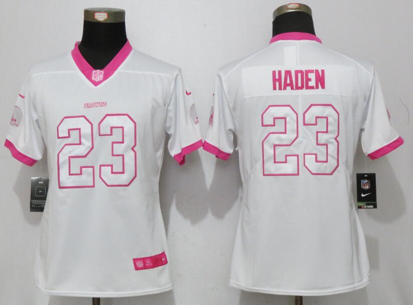 Nike Browns 23 Joe Haden White Pink Women Limited Jersey