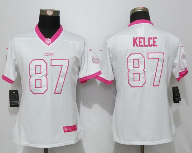 Nike Chiefs 87 Travis Kelce White Pink Women Limited Jersey