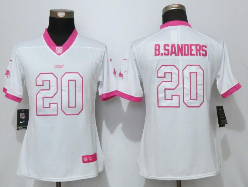 Nike Lions 20 Barry Sanders White Pink Women Limited Jersey