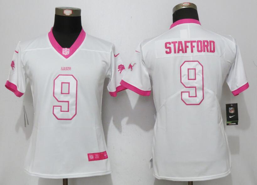 Nike Lions 9 Matthew Stafford White Pink Women Limited Jersey