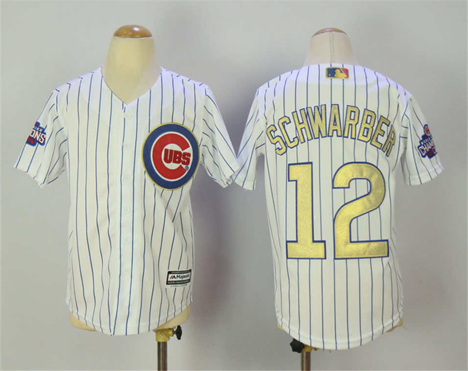 Cubs 12 Kyle Schwar White World Series Champions Youth Gold Program Cool Base Jersey