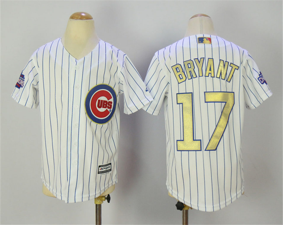 Cubs 17 Kris Bryant White World Series Champions Youth Gold Program Flexbase Jersey - Click Image to Close